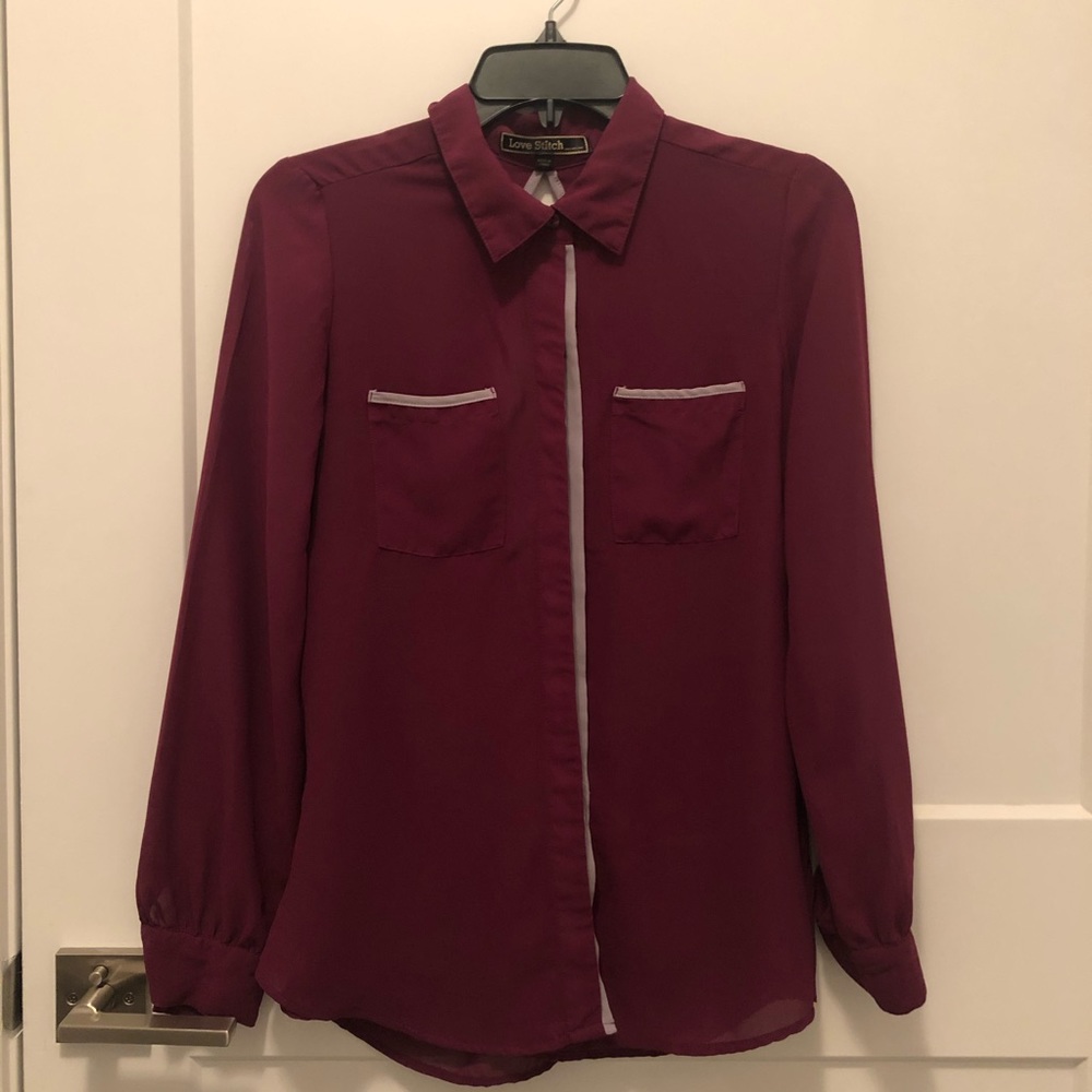 Love Stitch Purple Gray Button Up Shirt Open Back Small